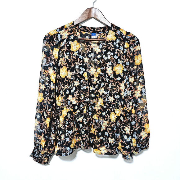 Old Navy Pullover V Neck Blouse Floral Clinched Waist Sheer Size L Romantic Boho - Picture 1 of 6